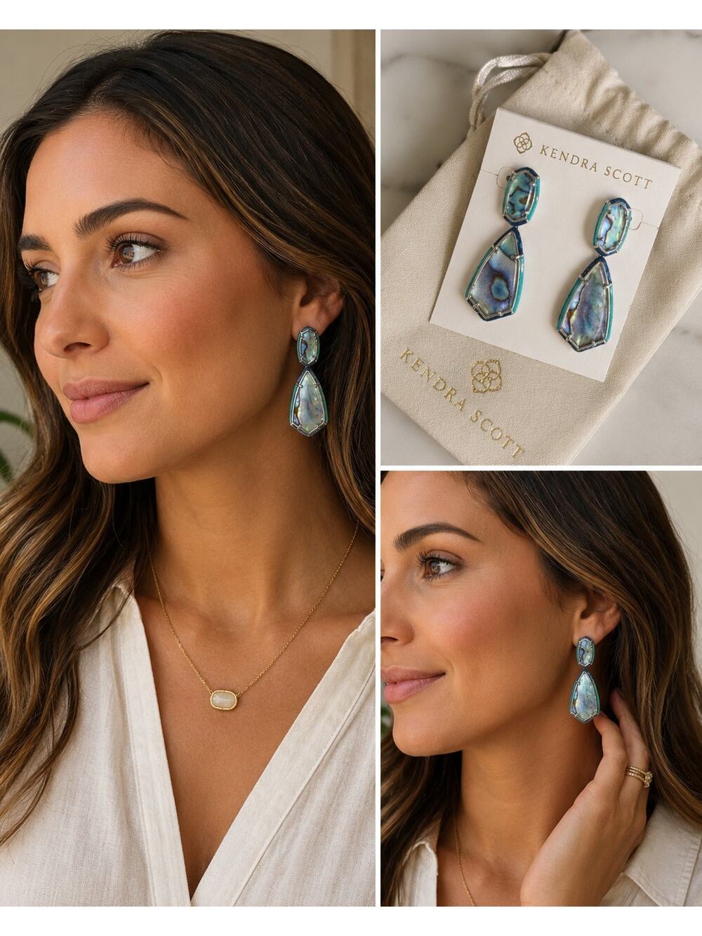 Kendra Scott Iridescent Abalone Statement Drop Earrings Silver Tone NWT